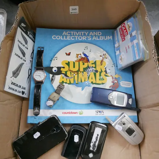 box; cell phones, wristwatches, collector album etc