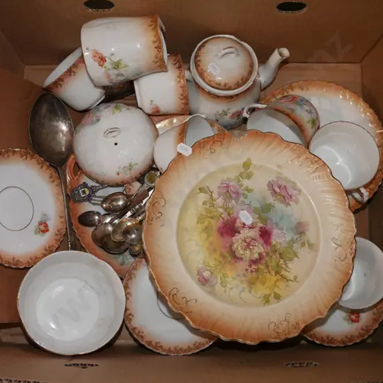 box; vintage floral cups, saucers, comport - has damage, teaspoons etc