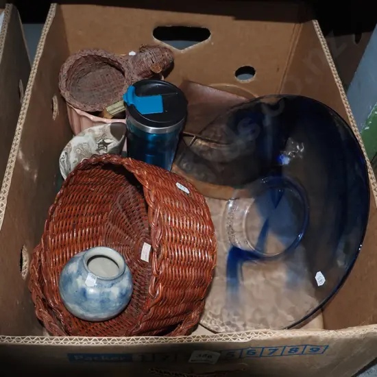 box; cane basket, blue glass fruit bowl, coasters etc
