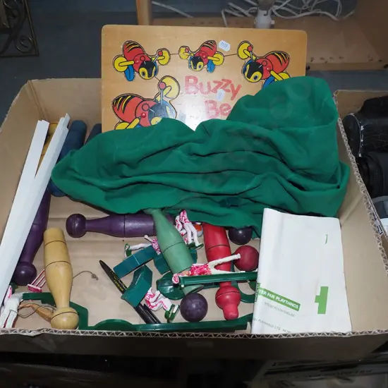box; skittles, Buzzy Bee puzzle, cricket game