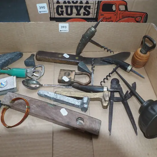 box; knives, sinkers, oiler etc