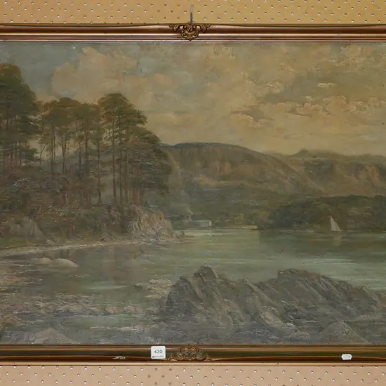 colonial oil on board - lake scene