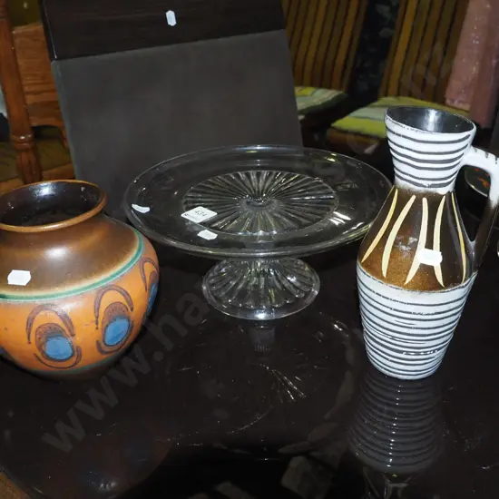 2x German pottery vases, cake stand