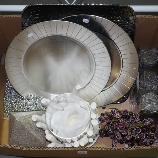 box; modern candle lantern, trays, plates, candles etc