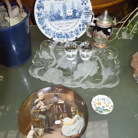 centennial plate, lidded beer stein, segmented glass tray etc