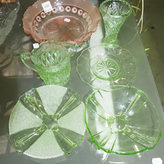 pink footed glass bowl, green glass vase, jug, bowl etc