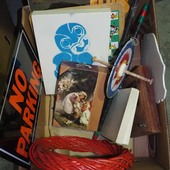 box; Elvis LP, No Parking sign, flower press etc