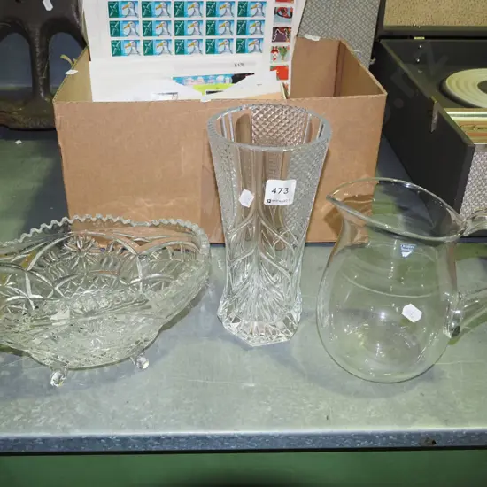 glass jug, footed bowl, crystal vase