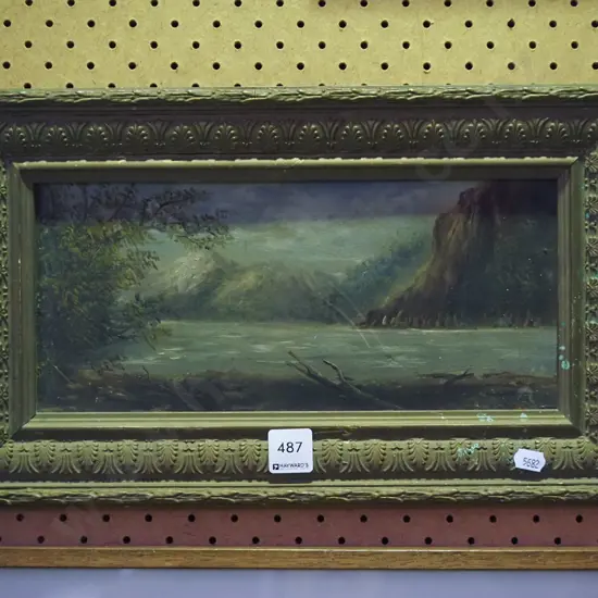 gilt framed colonial oil - lake and mountain scene