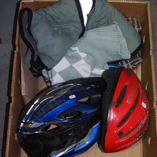box; dog jackets, jersey, 2x bike helmets