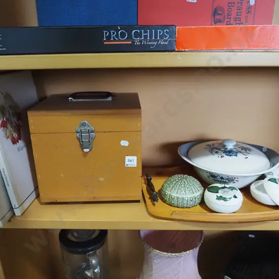 tray, mdf chest, books, lidded vege etc