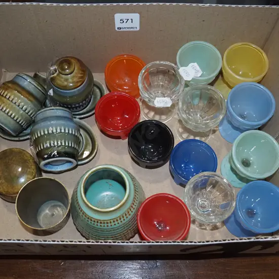 box; glass egg cups, porcelain condiments etc
