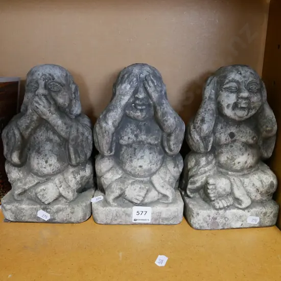 3x plaster Hear No Evil, See No Evil, Speak No Evil  figurines