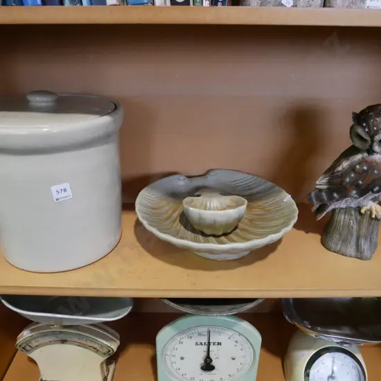 lidded wide crock, repairs to lid, shell bowls (chip), owl figurine