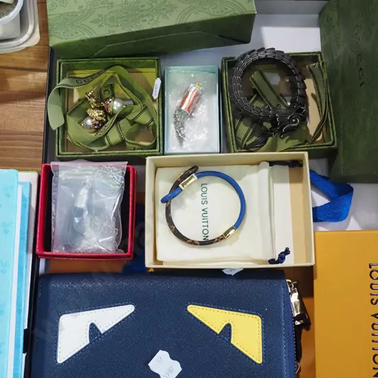 tray; earrings, bracelets, clutch purse etc