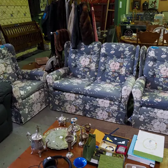 wingback deep button Sanderson upholstered 3 piece lounge suite - 2 seater, 2 singles - some fading