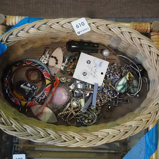 cane basket and costume jewellery