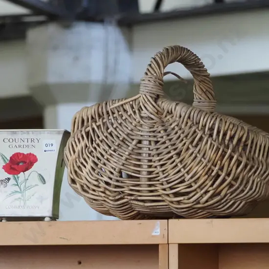 cane basket and a small tin jardiniere