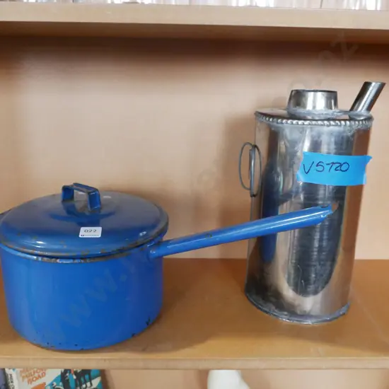 blue enamel Judgeware long-handled saucepan and a thermette