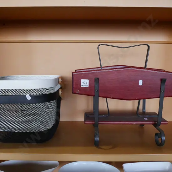 magazine rack and 2 mesh wooden handled baskets