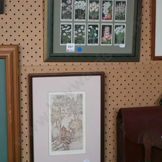 framed floral cigarette cards and a framed artist's proof garden scene - blue dots