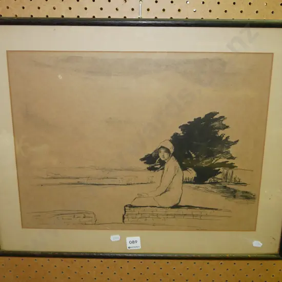 framed charcoal - woman on fence