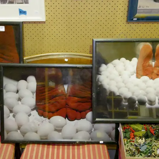 3 framed photographic prints - feet and eggs
