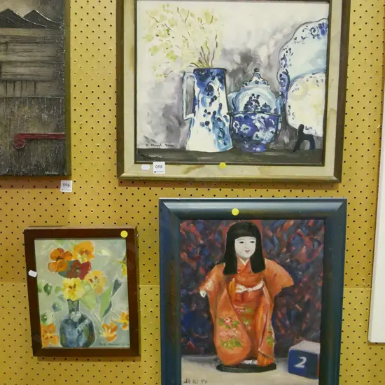 3 framed oils - still life flowers, doll