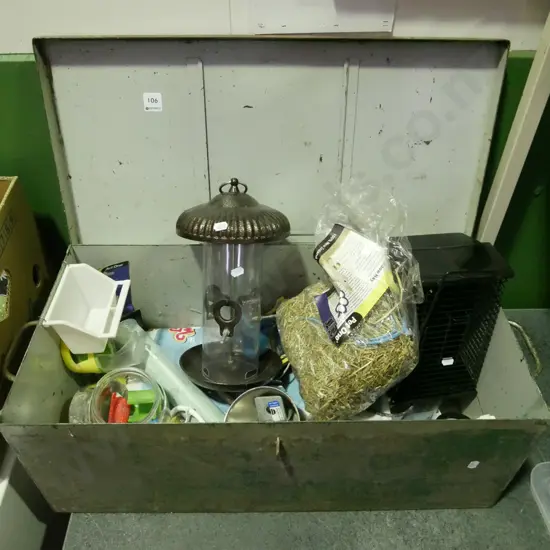 tin tool box and contents - bird feeder, pet feeder, etc.