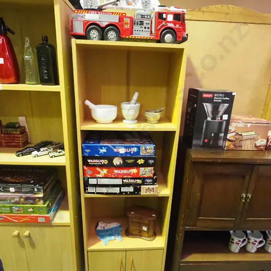 MDF faux wood veneer bookcase with lower cupboard H-1580 W-500 D-290