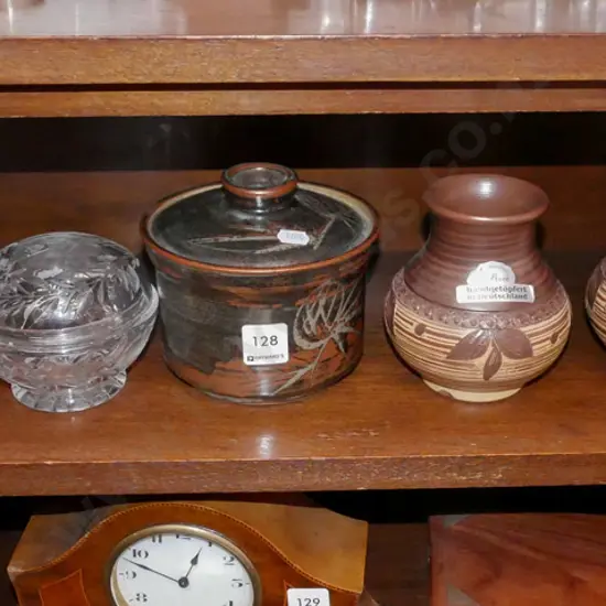 shelf of allsorts - German pottery vases, cut crystal trinket, carved crocodile etc. 