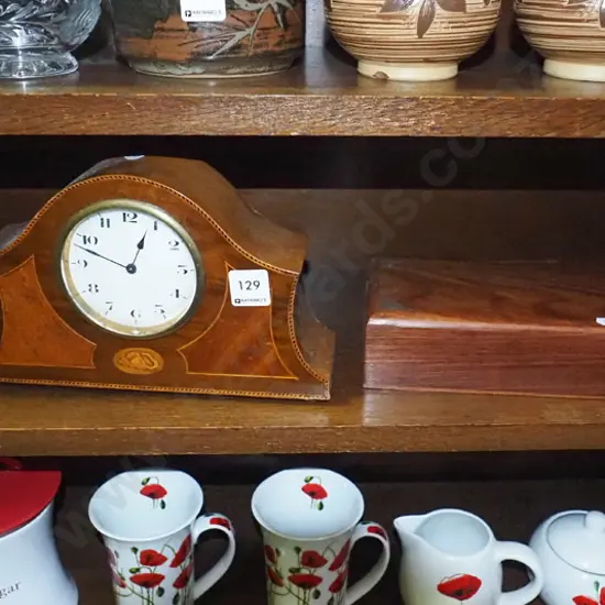 wood inlay mantel clock and 3 small wooden storage boxes