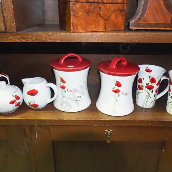 coffee themed canisters, cups, cream & sugar