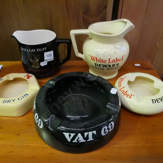 2 whisky jugs and 3 ashtrays
