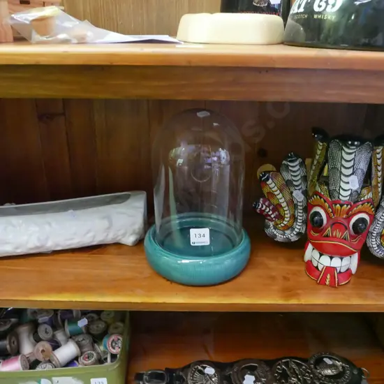 Sri Lankan wooden souvenir mask, glass display dome, Temuka pottery log vase