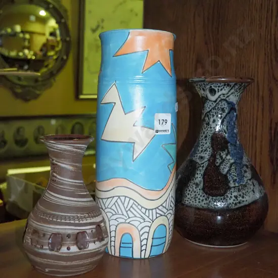 3 studio pottery vases Tallest H-280