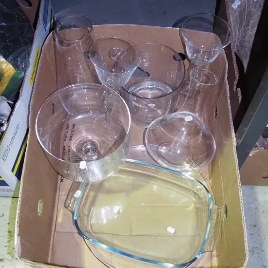 box of glassware; decanters, baking dish etc