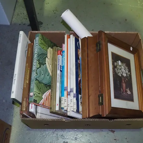 box; hairdressing books, William Morris book, storage box etc