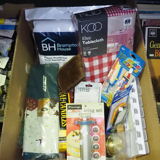 box; pillow protector, tablecloth, key tags etc