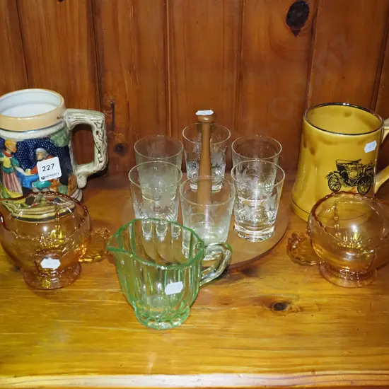 beer steins, jug, sugar bowl, 6 etched tumblers with wooden caddy