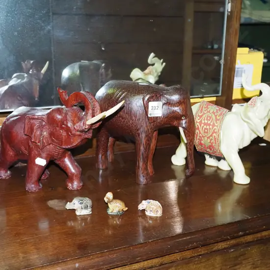 3 ornamental elephants and 3 Wade whimsies