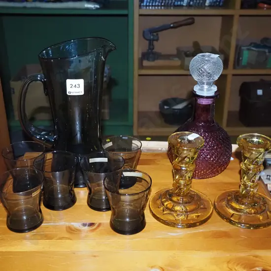 amber glass water set, stoppered decanter and 2 candlesticks