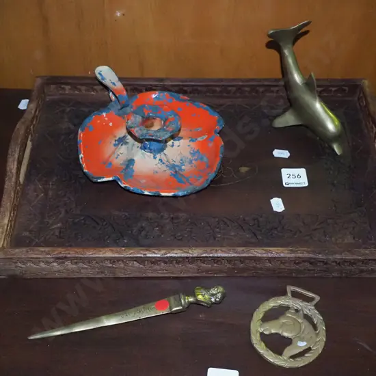 heavily carved tray, letter opener, candlestick etc