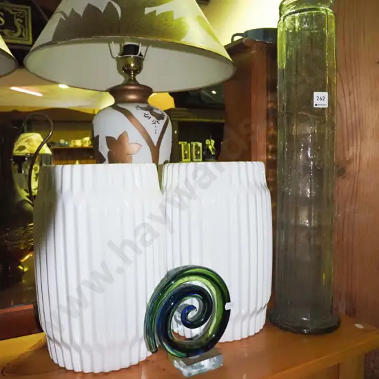 tall glass vase, 2 planters and a glass koru ornaments. Tallest vase 580
