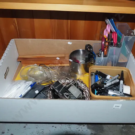 box of stationery, scissors, bull clips, etc.