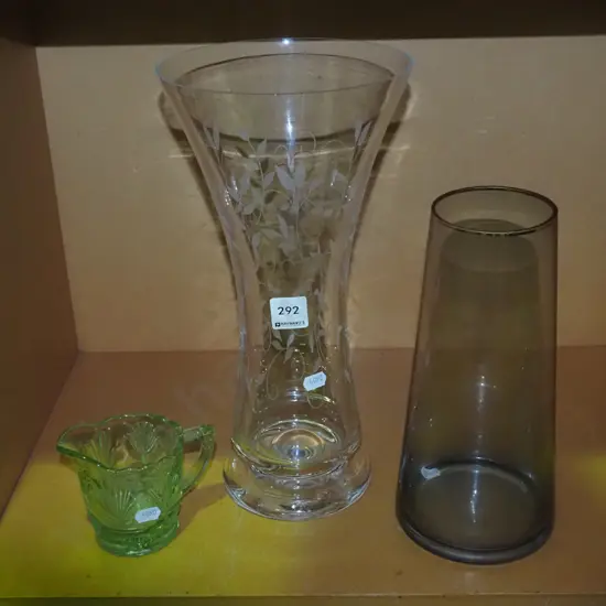 2 vases and a small green glass creamer
