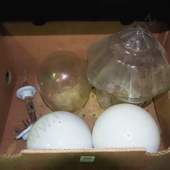 box of vintage glass light shades and part light fitting