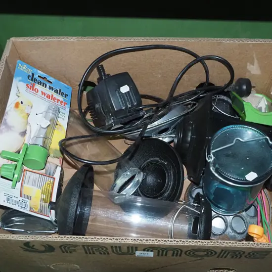 box of bird feeders etc.