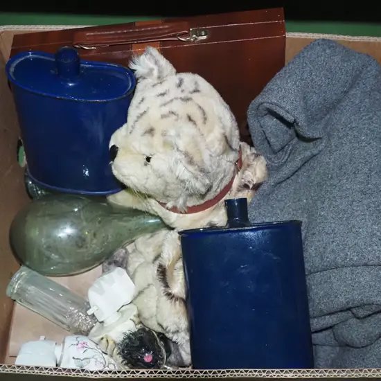 box of backgammon set, woolen blanket, soft toys, canteens etc.