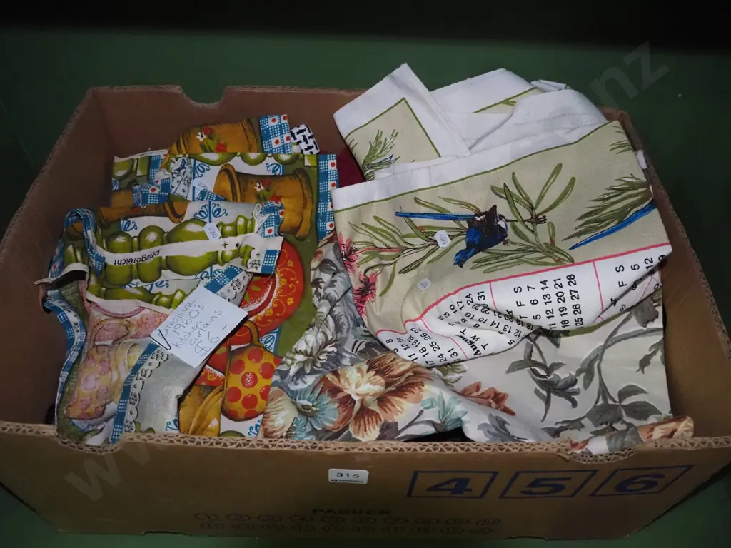 box of vintage fabric, tea towels etc. Image 1++